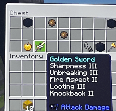 Minecraft Insane Gold Sword Seed with Looting and Fire Aspect enchantments (-8546547968131539929)