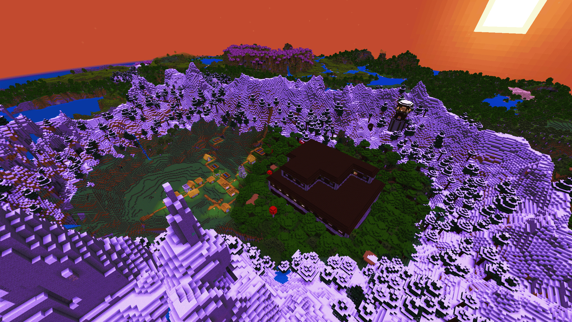 Minecraft valley with a village, woodland mansion and pillager outpost