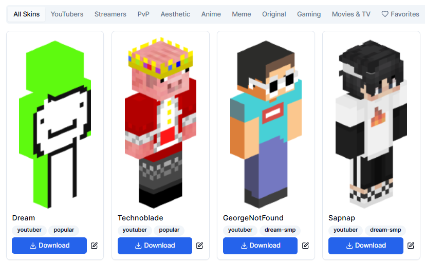 Minecraft Skin Browser showing popular YouTuber skins including Dream, Technoblade, GeorgeNotFound and Sapnap