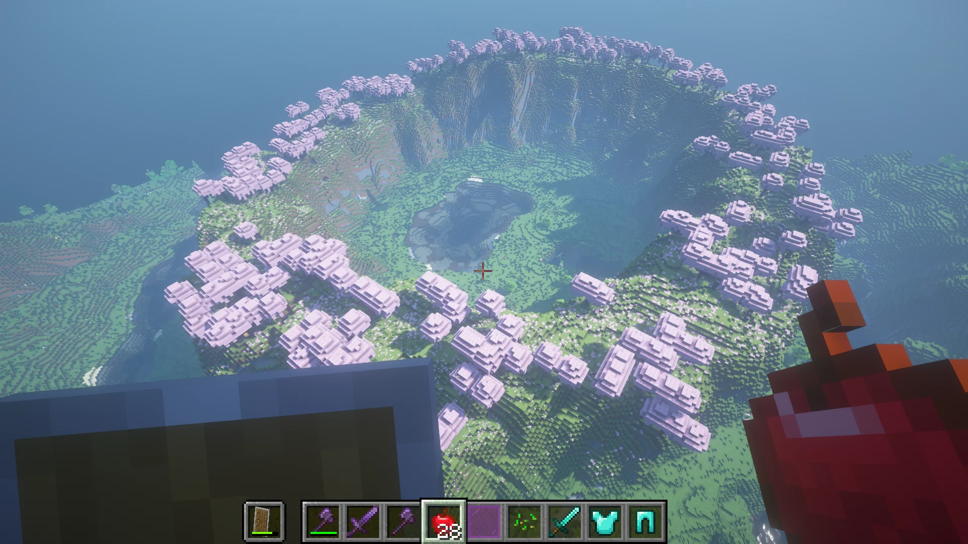 Breathtaking circular cherry blossom valley with serene lake in Minecraft Java 1.21.5 seed 1691256543523180978