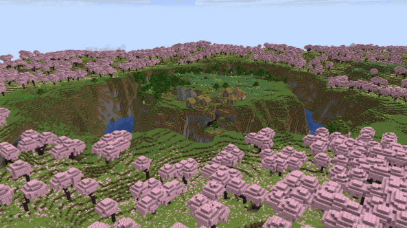 Minecraft Encapsulated Village Cherry Grove Seed - Beautiful village surrounded by pink cherry blossoms and a natural river moat