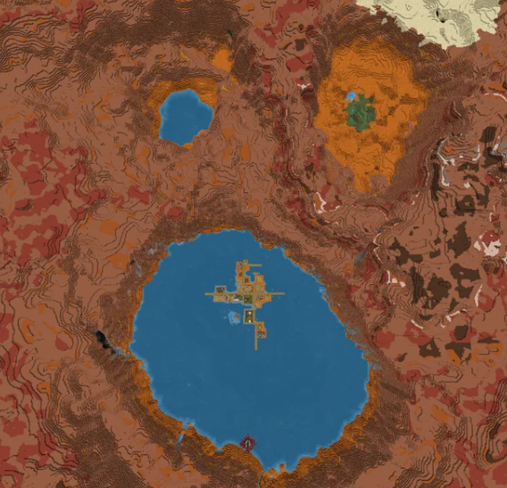 Minecraft badlands crater with large round lake and two upper pools forming a shocked face (seed 3263195711550391640)